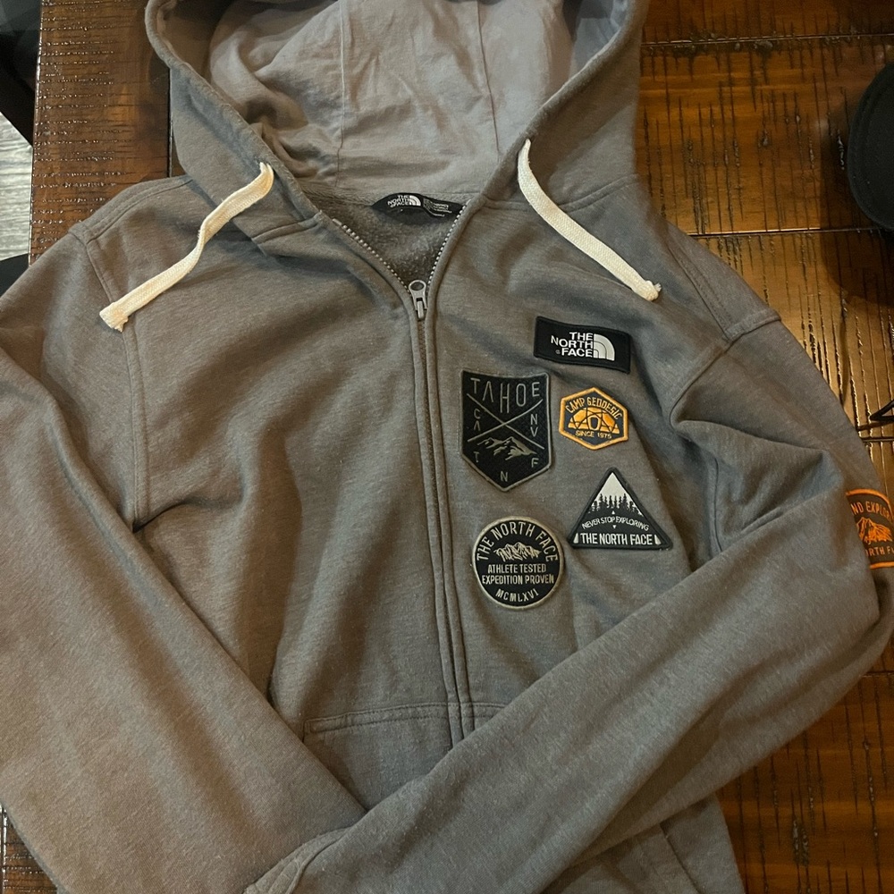 The North Face Men's Gray Zip-Up Hoodie with Patch Accents